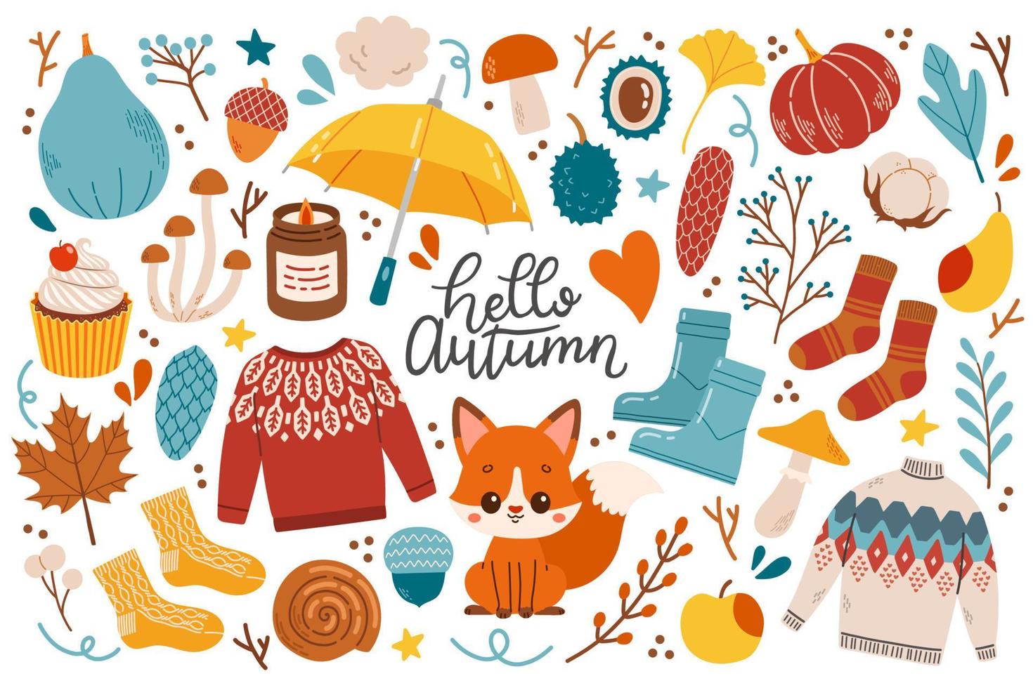 herfst pictogrammen reeks vector illustratie bladeren, pompoenen, trui, schattig dieren, sokken, bloemen krans