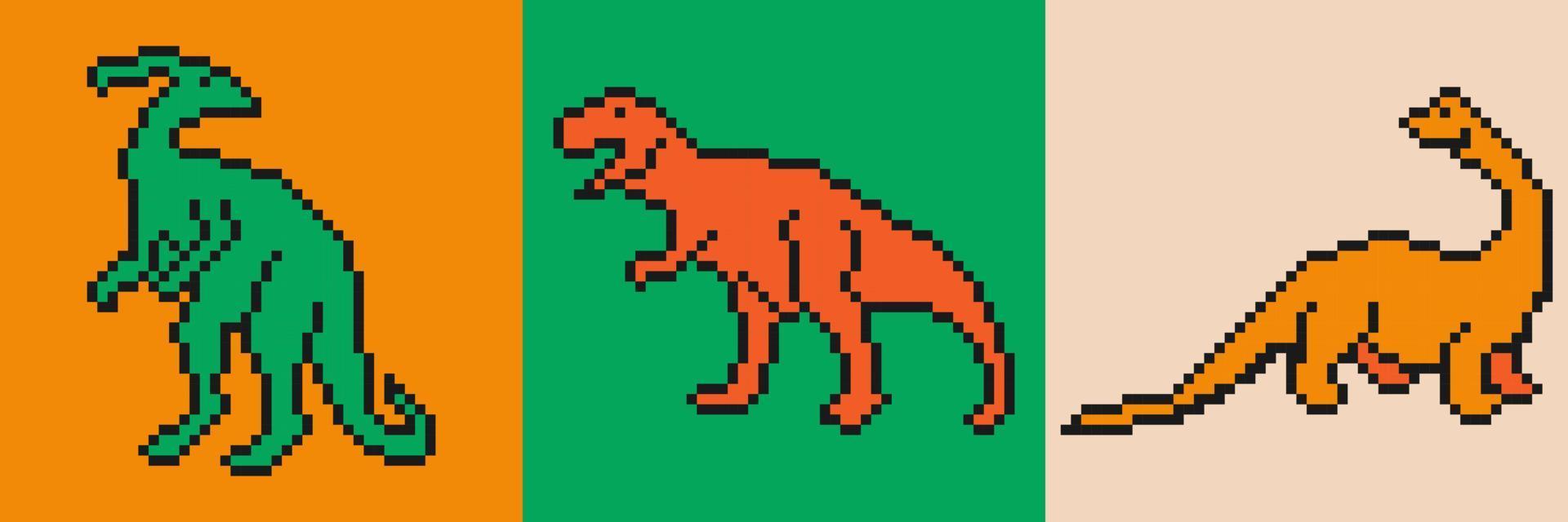 kleurrijk kunst met dinosaurussen in pixel kunst stijl. pixel kunst met verschillend dinosaurussen Aan helder achtergrond. vector pixel kunst illustratie.