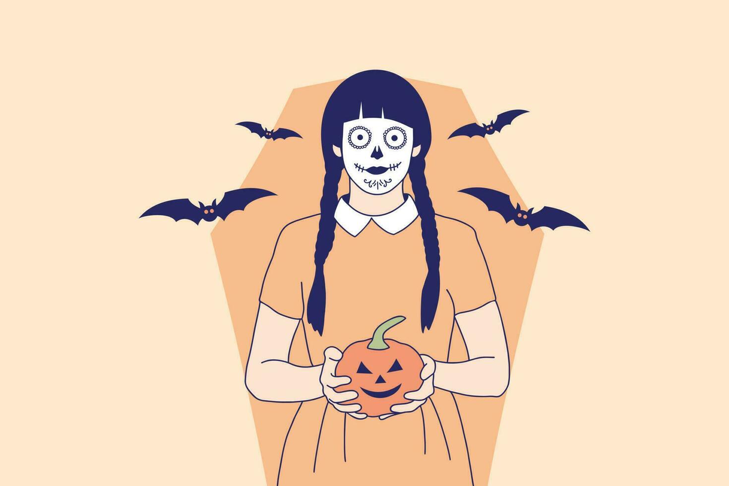 illustraties van mooi jong vrouw met schedel bedenken Holding pompoen jack O lantaarn voor halloween carnaval concept vector