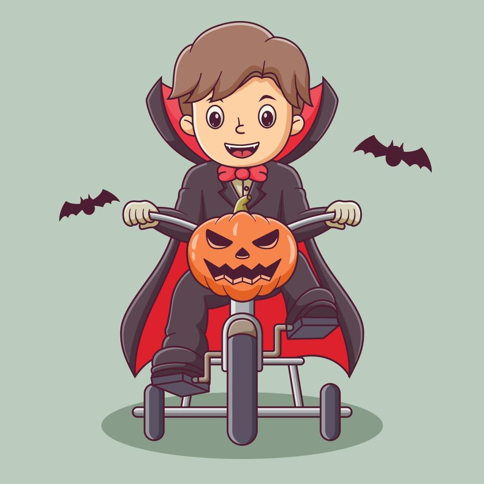 schattig kind tekenfilm vervelend dracula kostuum rijden een fiets. kind mascotte tekenfilm karakter. halloween icoon concept . vlak tekenfilm stijl geschikt voor web landen bladzijde, banier, folder, sticker, kaart vector