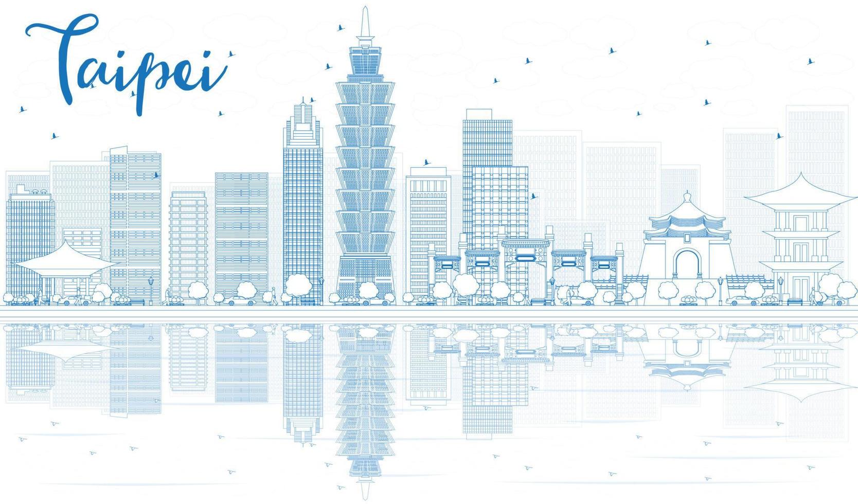 schets Taipei horizon met blauw gebouwen en reflecties. vector