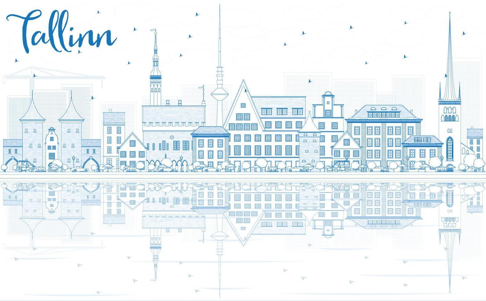 schets Tallinn horizon met blauw gebouwen en reflecties. vector
