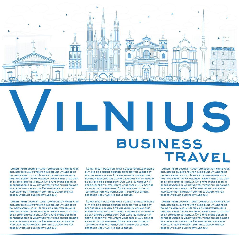 schets Vilnius horizon met blauw oriëntatiepunten en kopiëren ruimte. vector