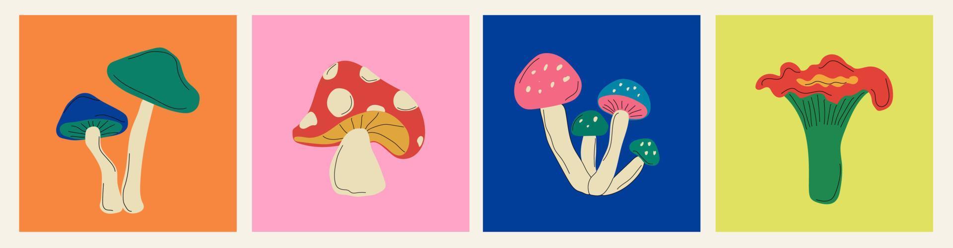 giftig en eetbaar champignons reeks van vier hand- getrokken gekleurde vector illustraties. afdrukken, logo, poster sjabloon, tatoeëren idee.