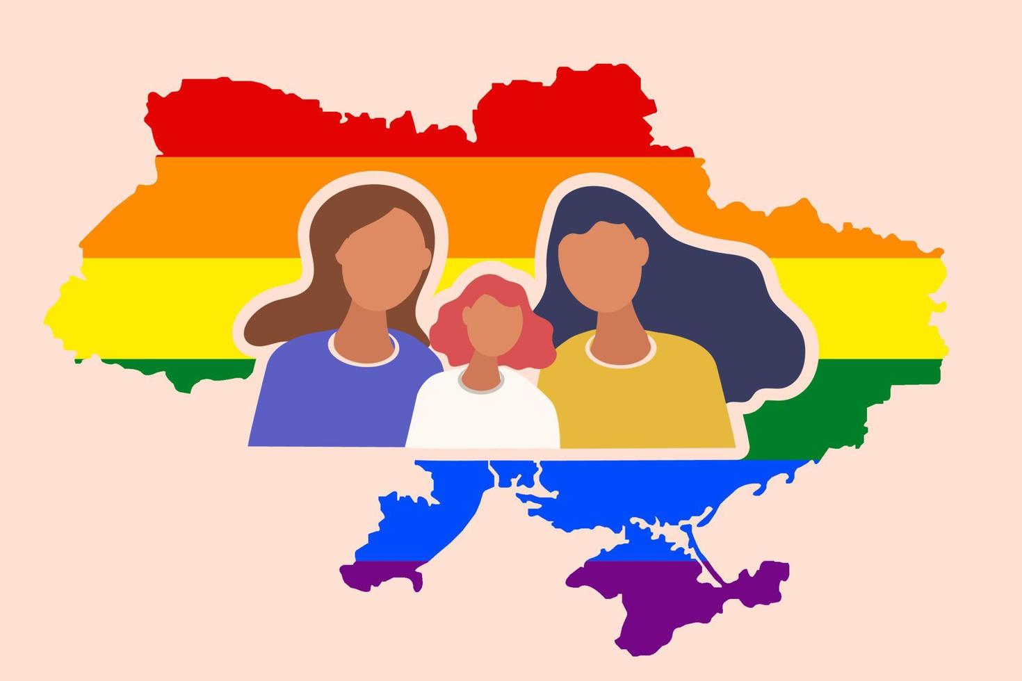 gelukkig lgbt familie met een baby. lesbienne paar. concept van , familie, moederschap. vlak vector illustratie. Aan de achtergrond van de lgbt vlag