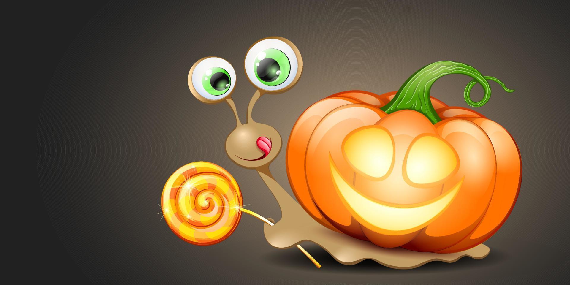 grappig tekenfilm halloween slak met schattig pompoen en lolly. vector