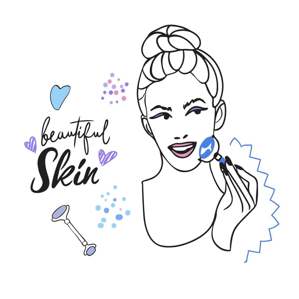 mooi huid, handgeschreven belettering, zorg cosmetica, meisje met gelaats massage rol vector