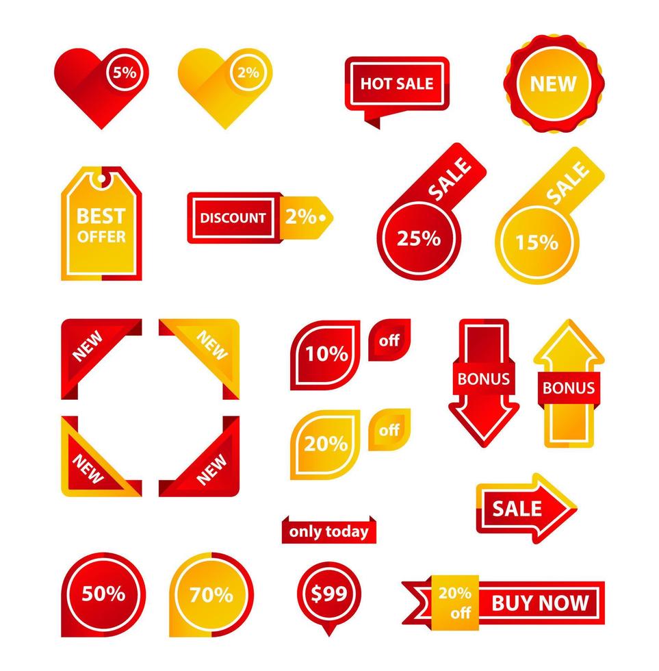 vector stickers, prijs label, banier, label. coupon uitverkoop, aanbiedingen en promoties vector sjabloon. reeks van toetsen, pictogrammen