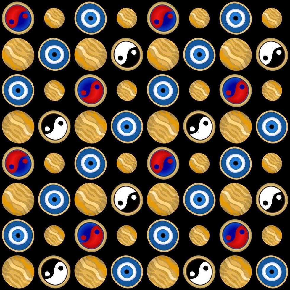 naadloos decoratief patroon met onheil ogen en Yin Yang Aan zwart achtergrond. vector