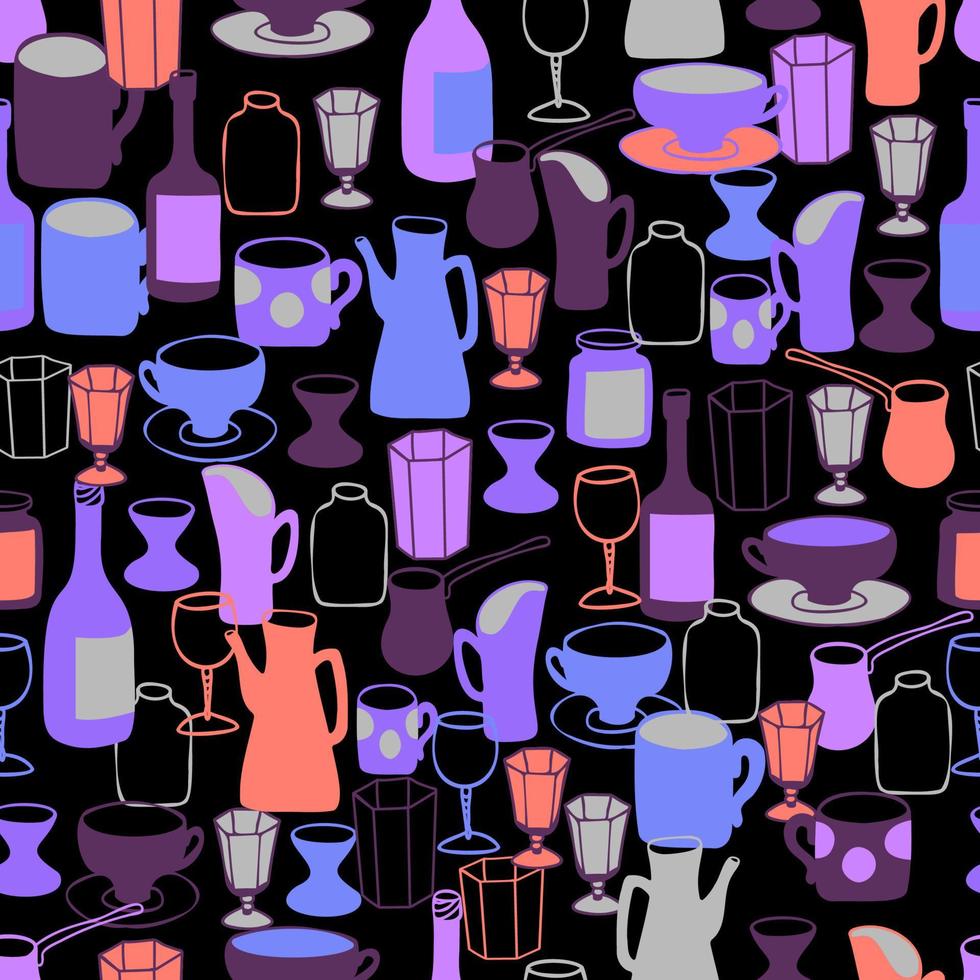 naadloos vectorpatroon met een reeks schotels die in krabbelstijl worden getrokken. minimalistische karaf, theepot, beker, vintage glazen, wijnglazen, borrelglas, fles wijn. vector