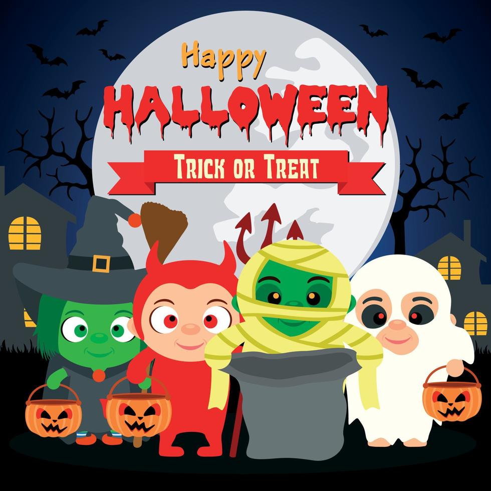 gelukkig halloween truc of traktatie met kinderen in kostuum halloween vector