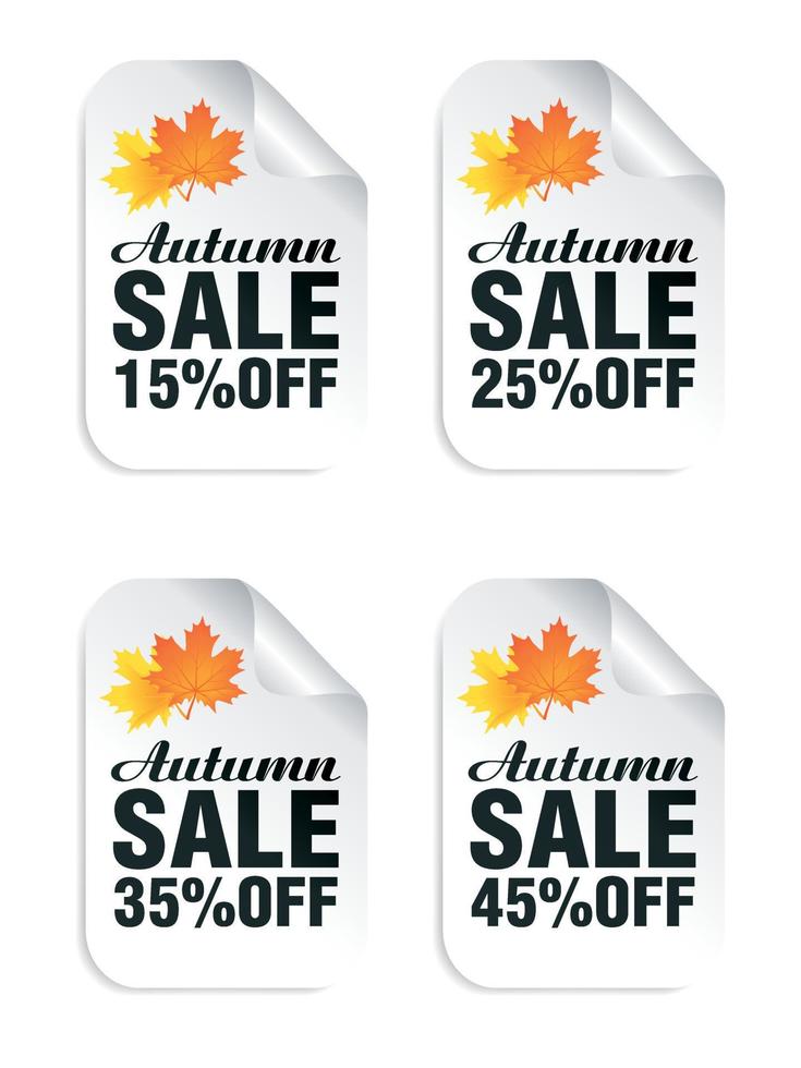 herfst uitverkoop wit stickers reeks met herfst bladeren. herfst uitverkoop 15, 25, 35, 45 procent uit vector