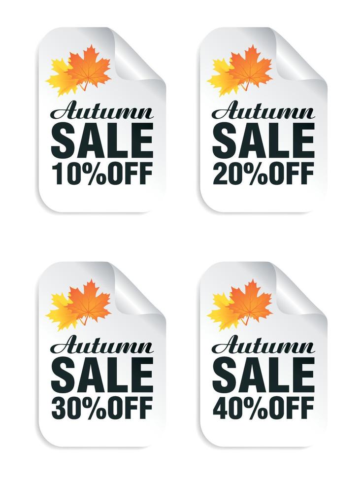 herfst uitverkoop wit stickers reeks met herfst bladeren. herfst uitverkoop 10, 20, 30, 40 procent uit vector