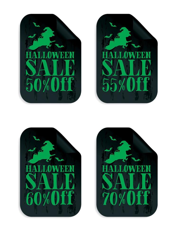 halloween zwart uitverkoop stickers reeks met heks. halloween uitverkoop 50, 55, 60, 70 uit vector