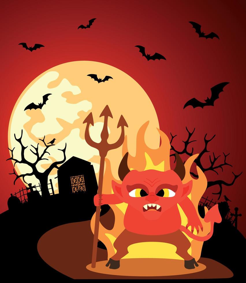 halloween achtergrond met duivel en vol maan vector