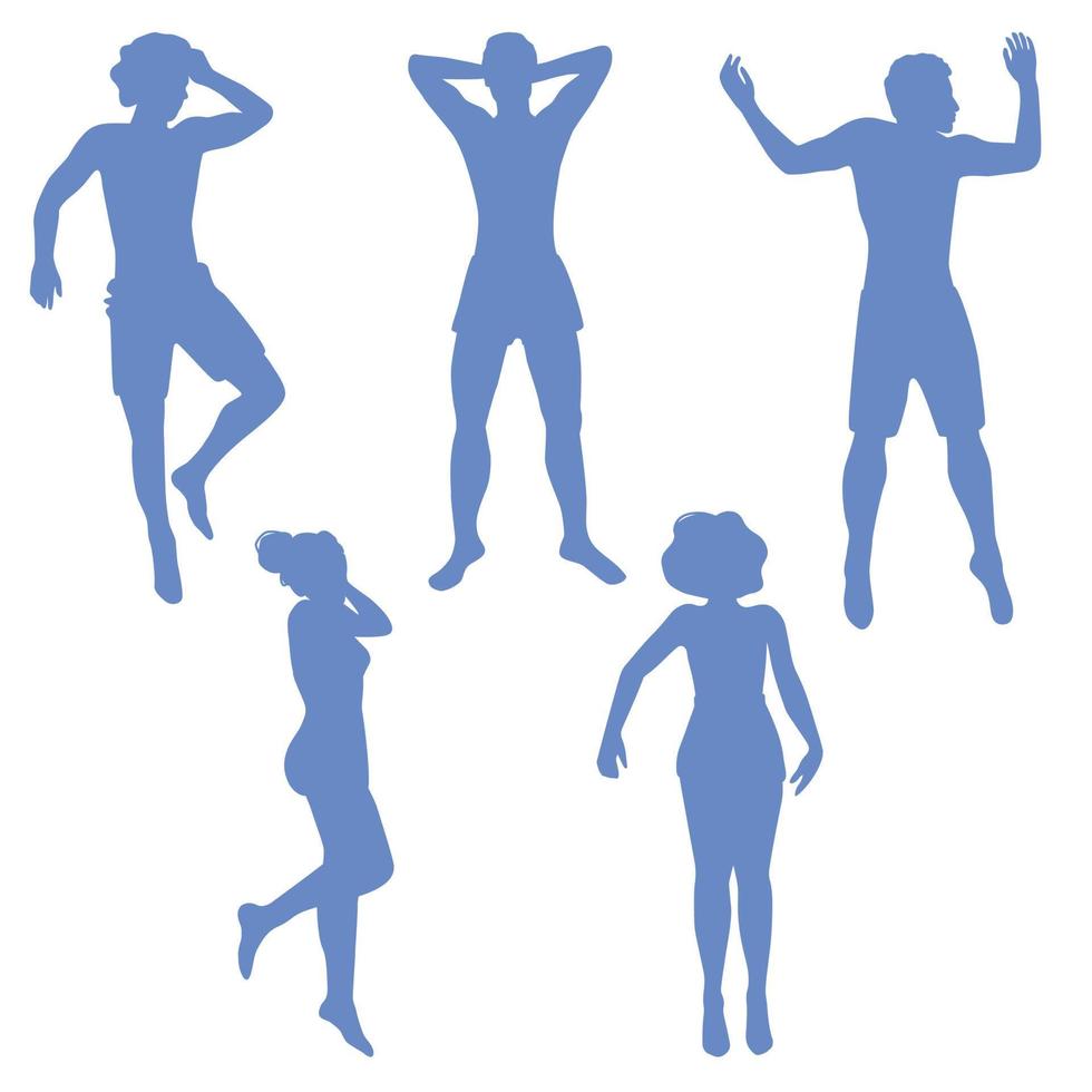 silhouetten van mannetje en vrouw figuren in divers ontspannen posities, geïsoleerd Aan wit achtergrond. vol hoogte mannen en Dames liegen, top visie. vector