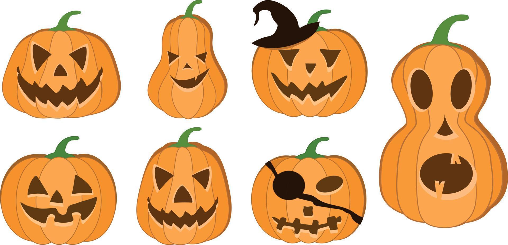 halloween pompoen vector 7 pictogrammen set, emotie variatie. gemakkelijk vlak stijl ontwerp elementen. reeks van silhouet spookachtig verschrikking afbeeldingen van pompoenen. eng jack-o-lantern gelaats uitdrukkingen illustratie.