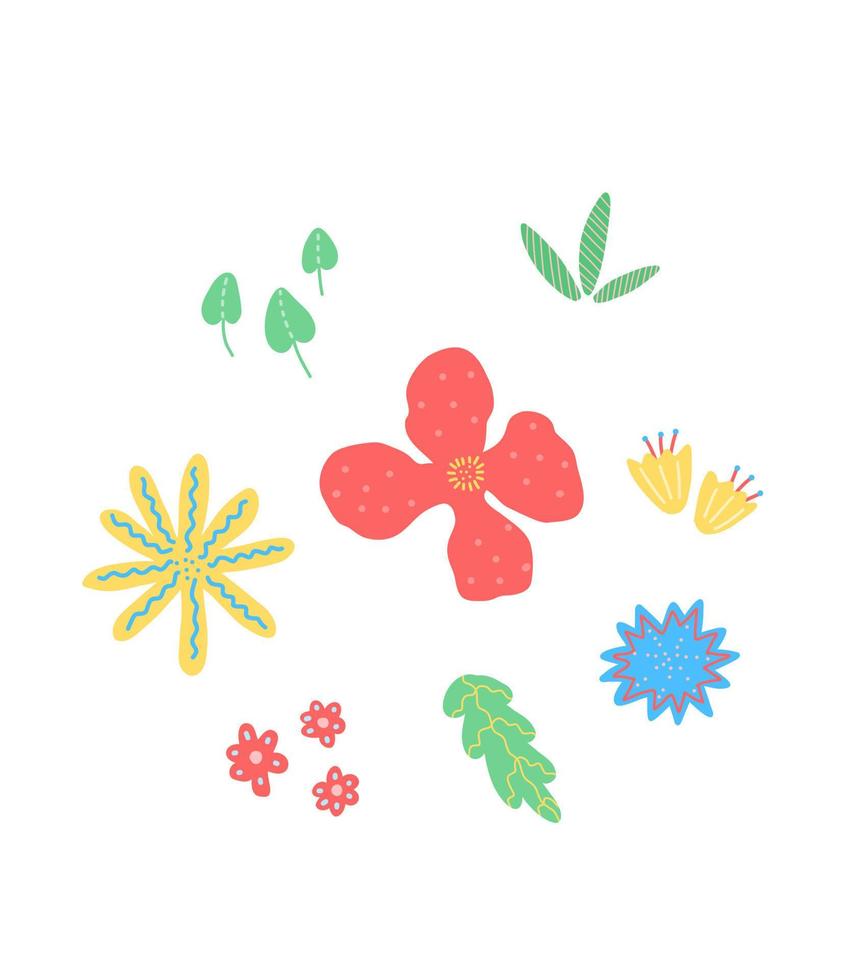 gekleurde tekening reeks van bloemen. getrokken bloemen en bladeren voor ansichtkaarten, afdrukken, reclame, patronen. vector