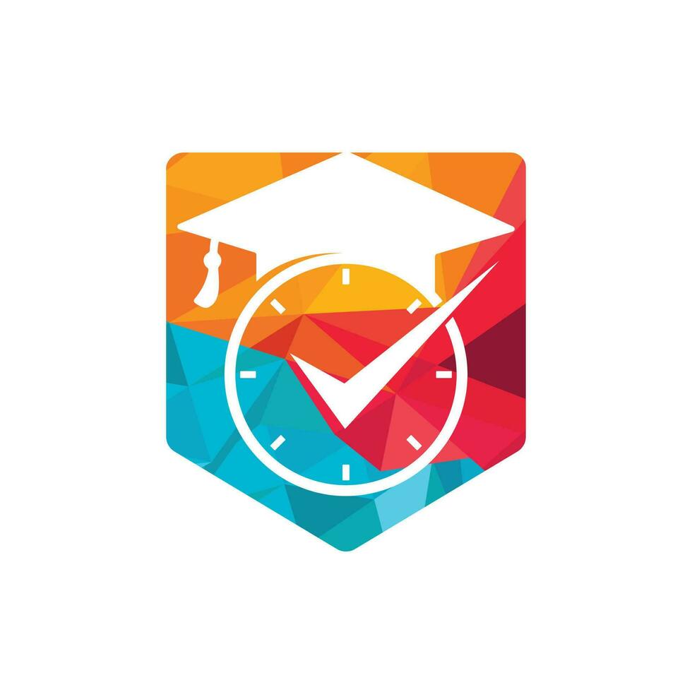 studie tijd vector logo ontwerp. diploma uitreiking hoed met klok en controleren icoon ontwerp.