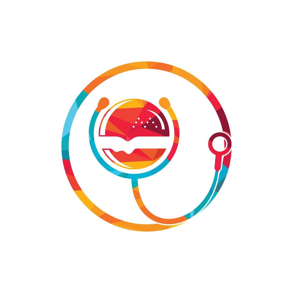 gezond voedsel vector logo ontwerp. groot hamburger met stethoscoop icoon logo ontwerp.