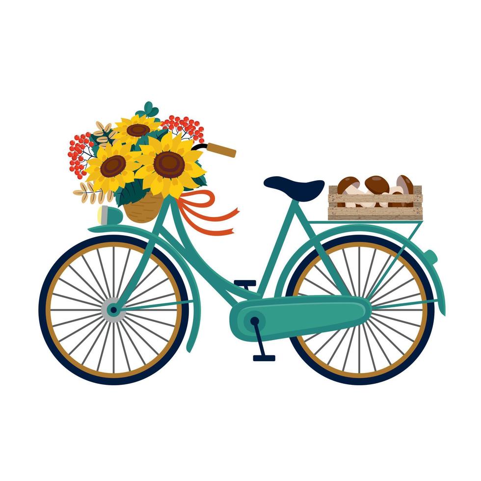 een groen fiets met een boeket van zonnebloemen, en een oogst van champignons in een doos. vector