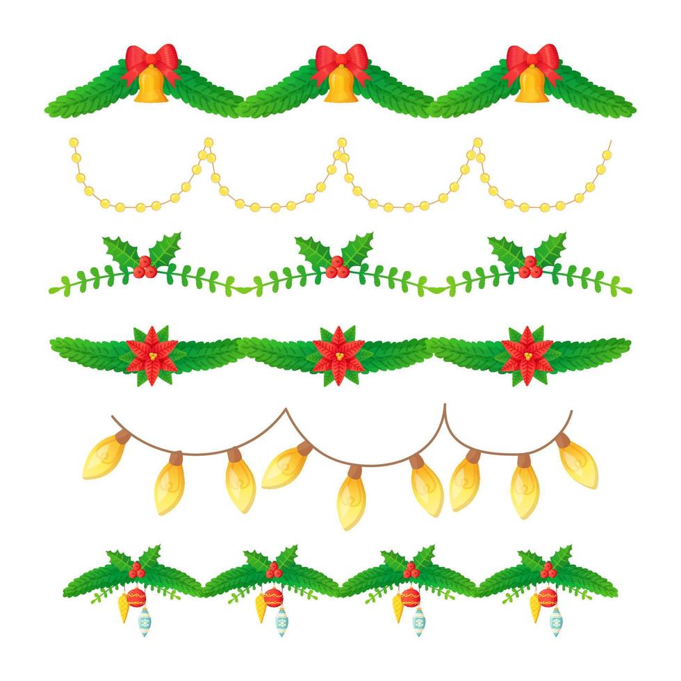 Kerstmis overladen slinger set. Spar Afdeling met Kerstmis ballen, bogen, kaarsen, elektrisch lichten. vector