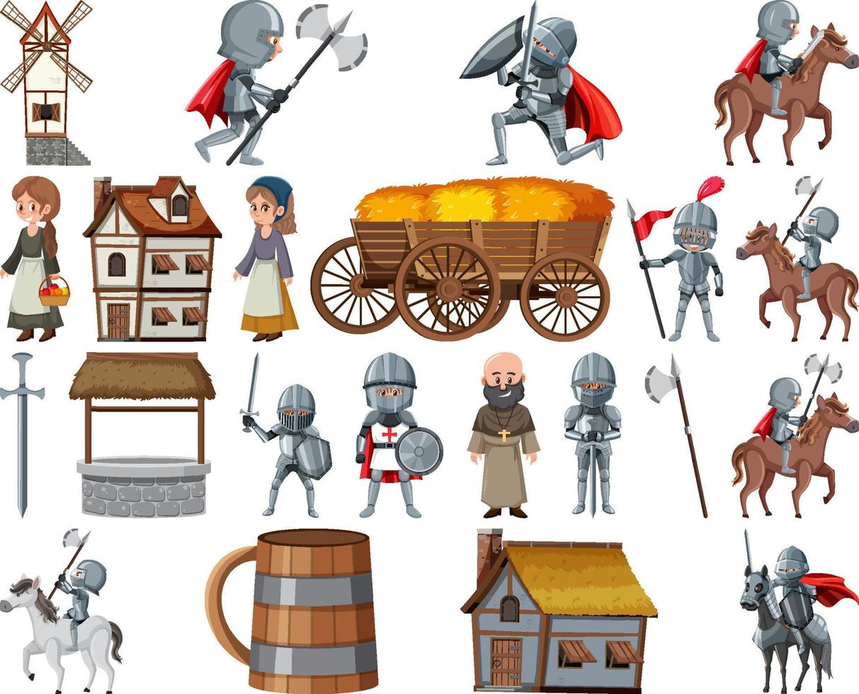 middeleeuwse stripfiguren en objecten vector