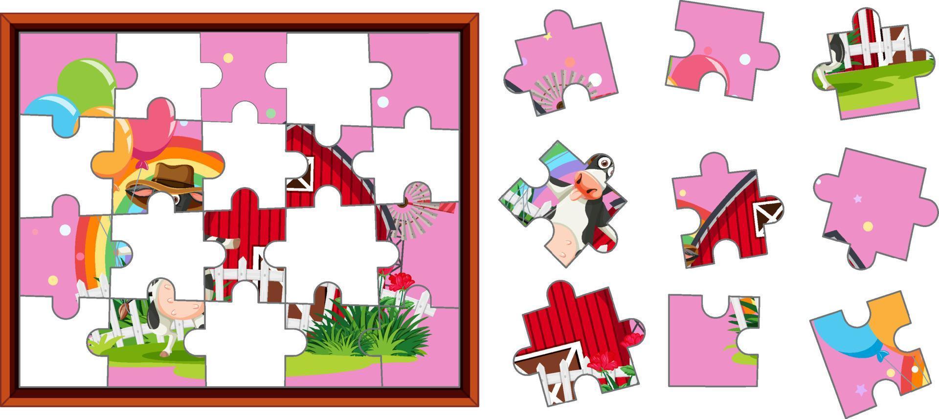 koe boerderij foto decoupeerzaag puzzel spel sjabloon vector