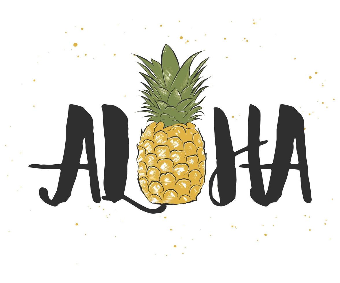 vector kaart met hand- getrokken uniek hawaiiaans typografie ontwerp element voor groet kaarten, decoratie, prints en affiches. aloha met schetsen van ananas in gegraveerde stijl. modern inkt kalligrafie.