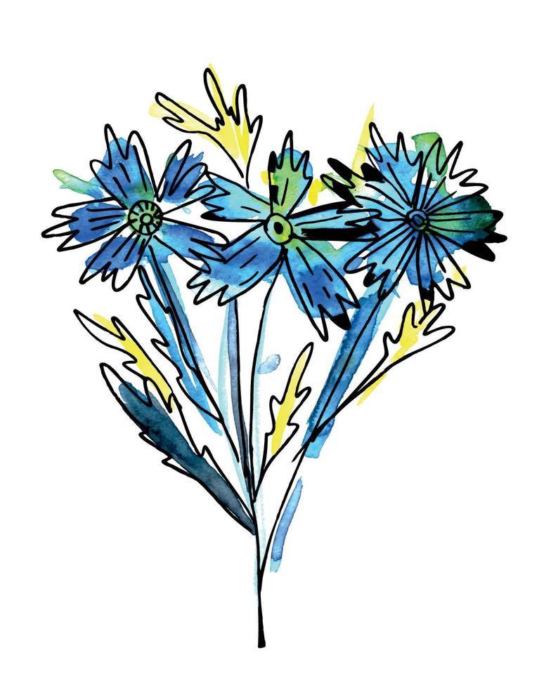 hand- getrokken waterverf en inkt lijn illustratie van boeket met blauw weide bloemen vector