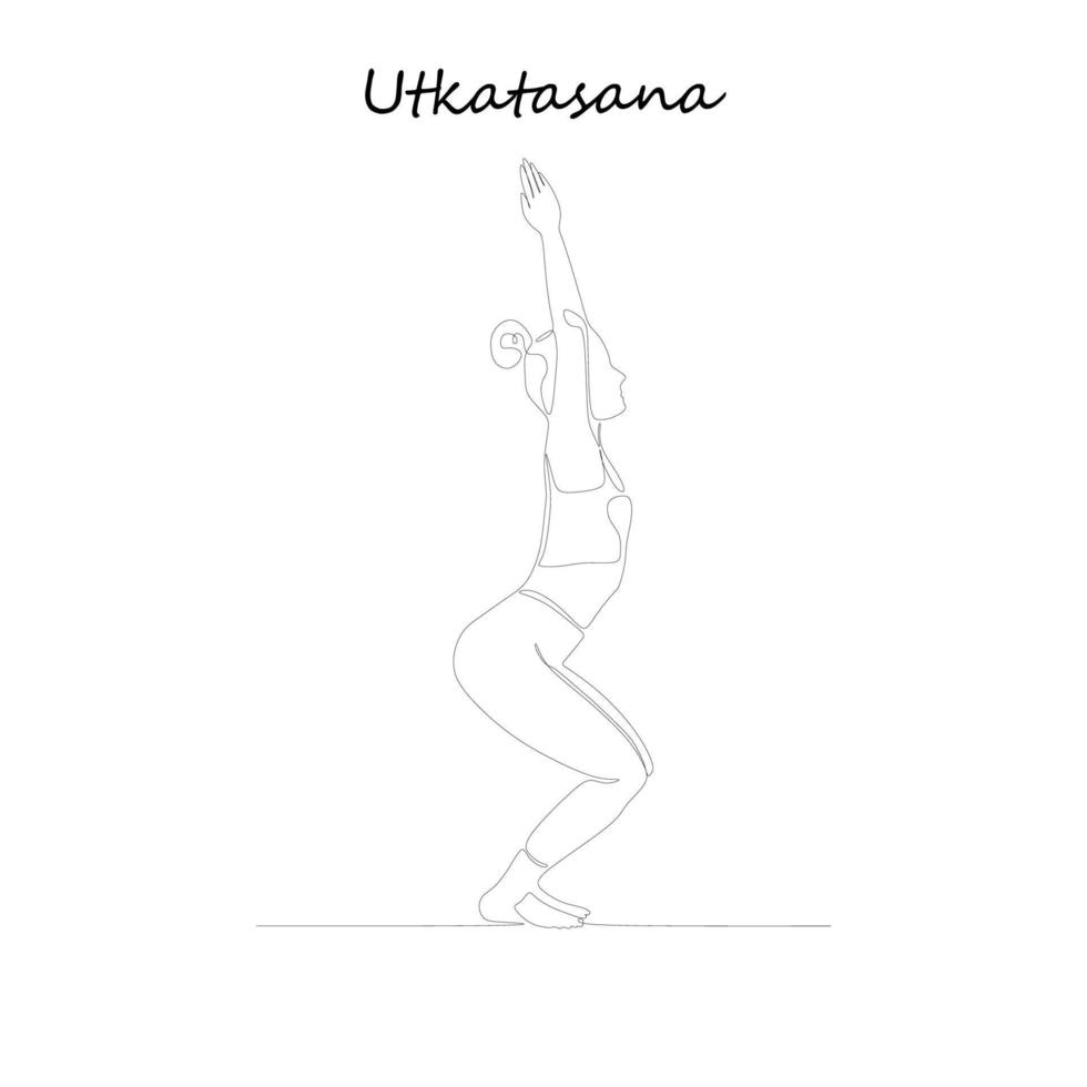 doorlopend lijn tekening. jong vrouw maken yoga oefening, silhouet afbeelding. een lijn getrokken zwart en wit illustratie. utkatasana vector