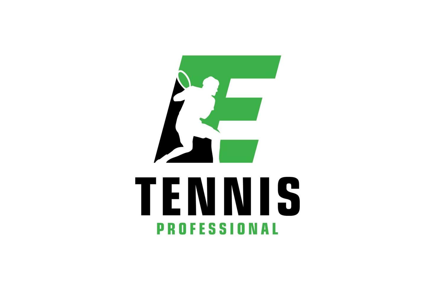 letter e met tennisspeler silhouet logo ontwerp. vectorontwerpsjabloonelementen voor sportteam of huisstijl. vector