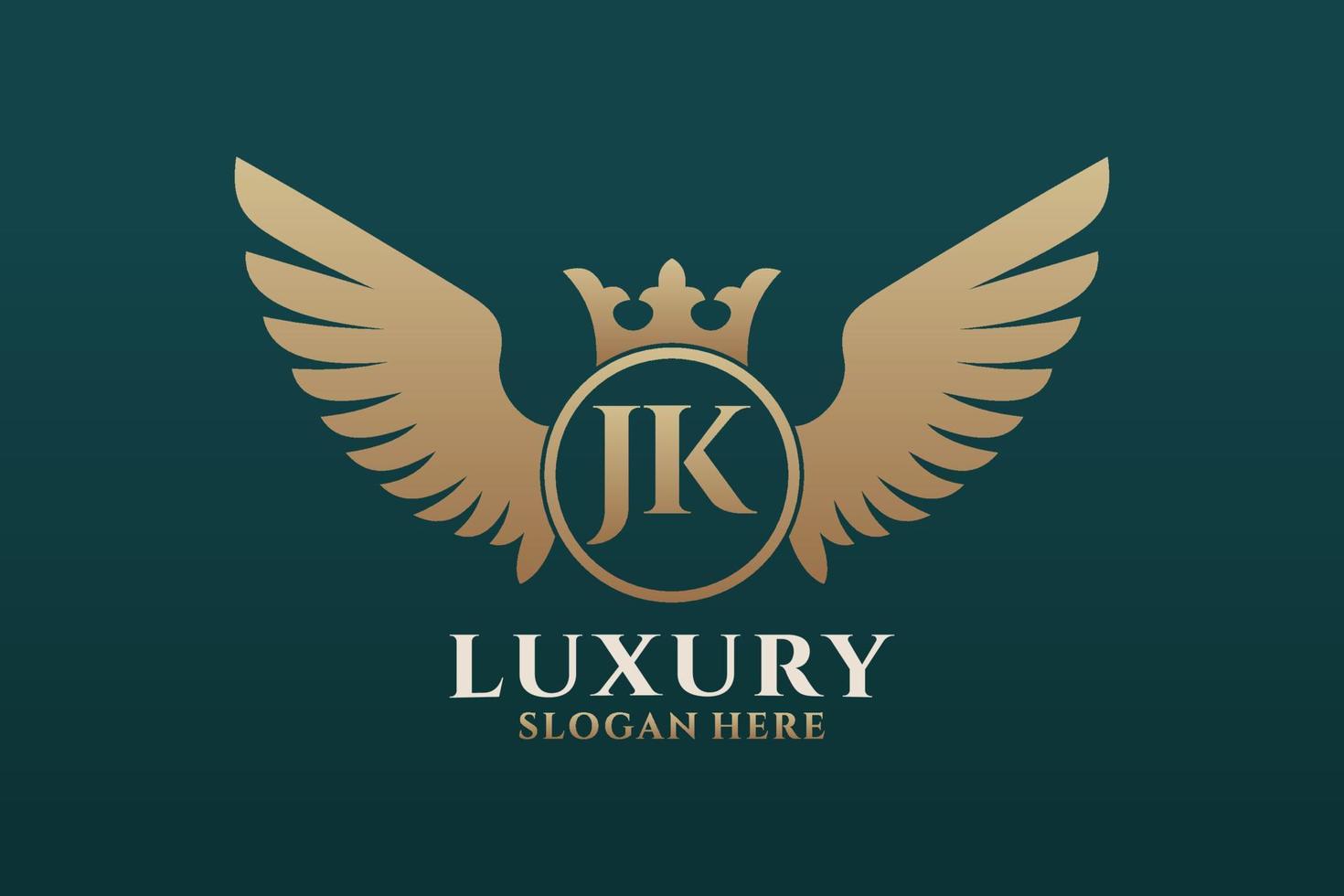 luxe Koninklijk vleugel brief jk kam goud kleur logo vector, zege logo, kam logo, vleugel logo, vector logo sjabloon.