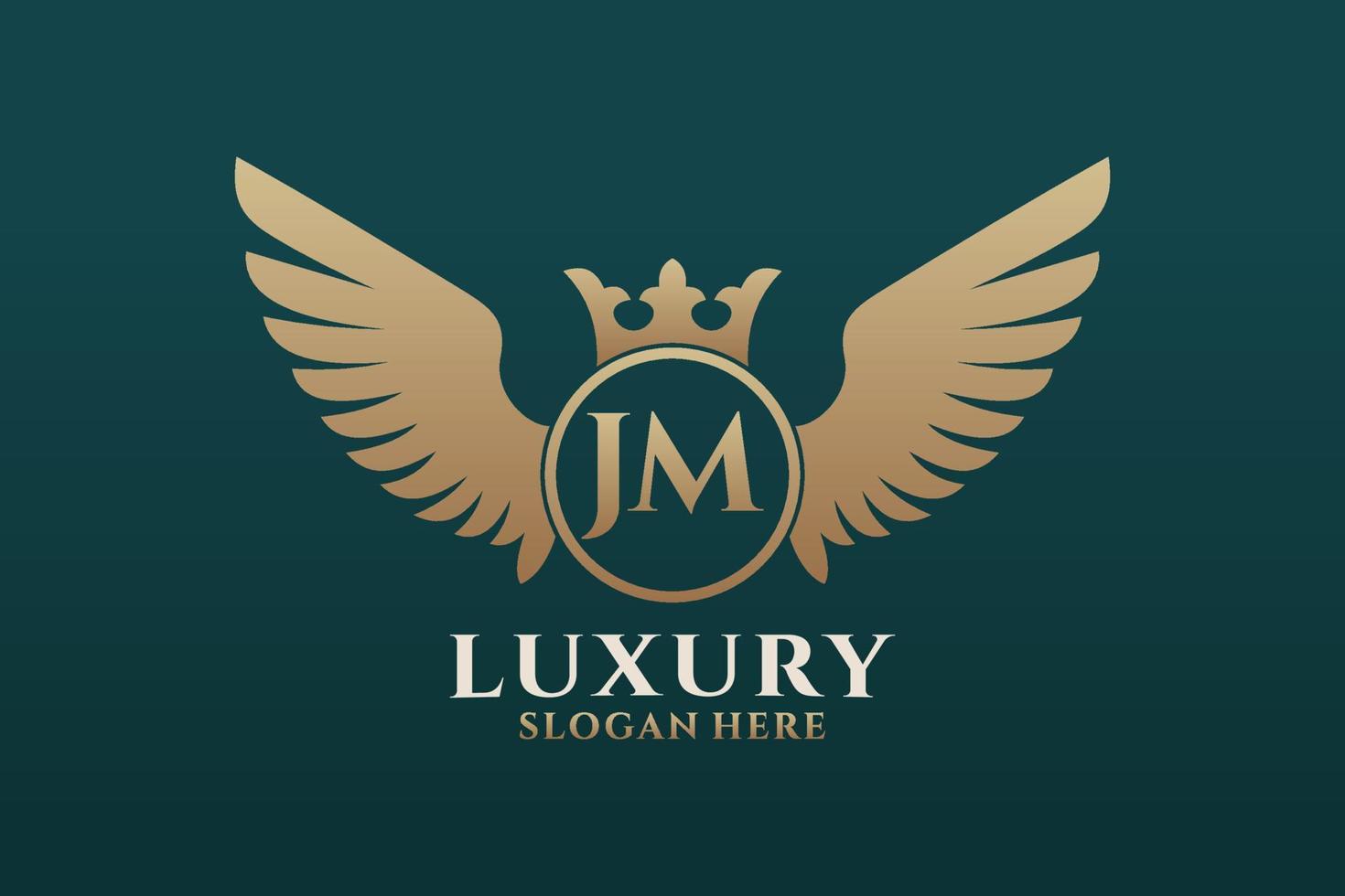 luxe Koninklijk vleugel brief jm kam goud kleur logo vector, zege logo, kam logo, vleugel logo, vector logo sjabloon.