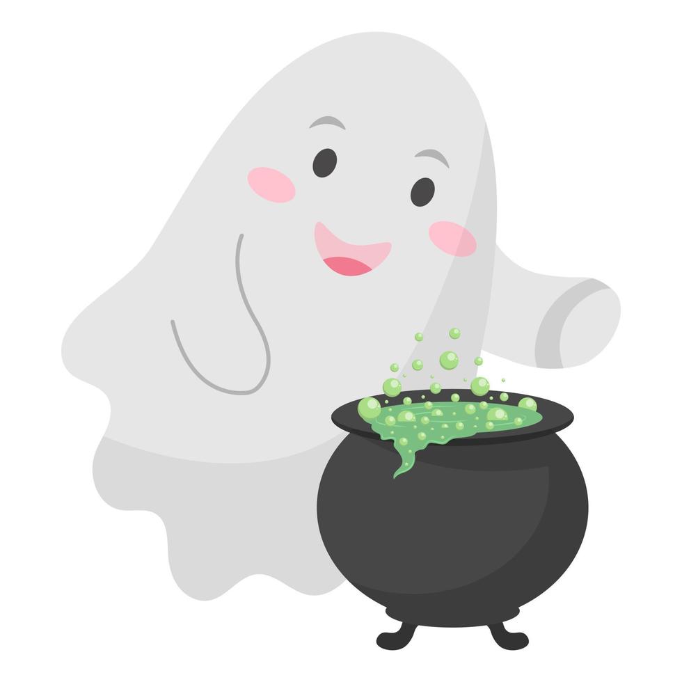 schattig geest brouwt een toverdrank voor halloween. vector illustratie.