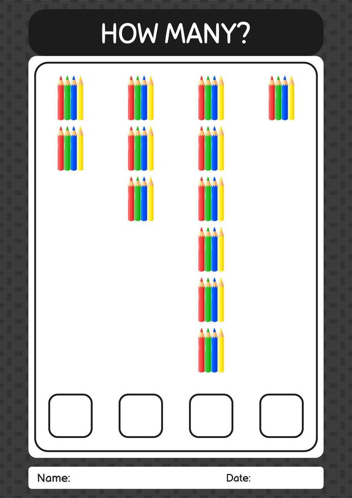 hoeveel tellen spel met kleurpotlood. werkblad voor kleuters, activiteitenblad voor kinderen vector