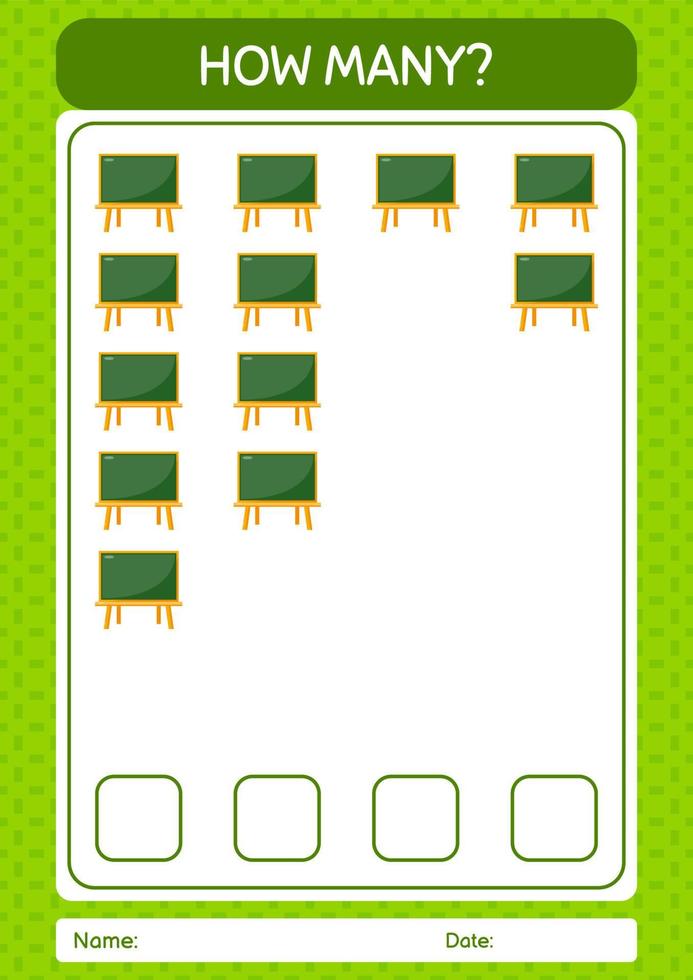 hoeveel tellen spel met schoolbord. werkblad voor kleuters, activiteitenblad voor kinderen vector