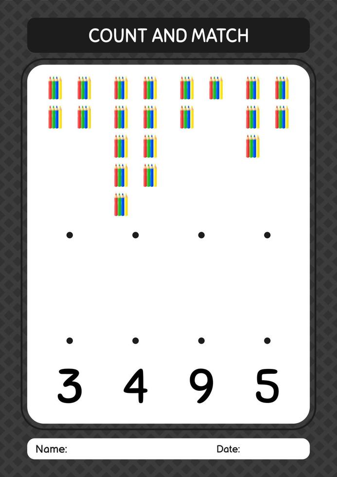 tel en match spel met kleurpotlood. werkblad voor kleuters, activiteitenblad voor kinderen vector