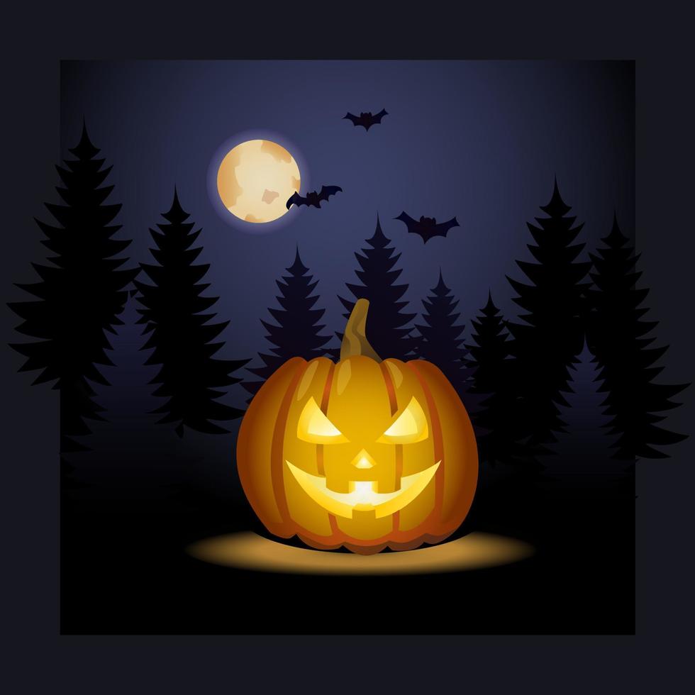 halloween achtergrond is een gloeiend pompoen in een nacht Woud met een vol maan en vleermuizen. groet kaart voor een partij en uitverkoop. herfst vakantie. vector illustratie.
