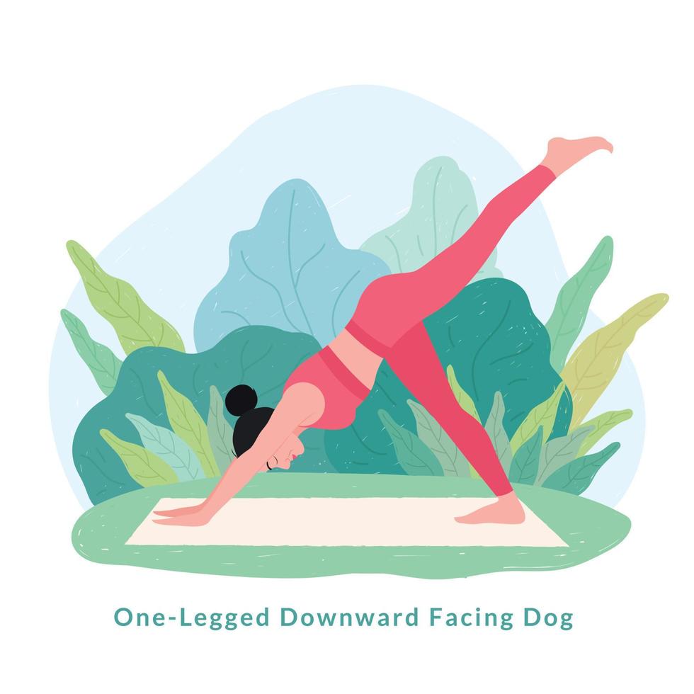 een legged neerwaartse geconfronteerd hond yoga houding. jong vrouw vrouw aan het doen yoga voor yoga dag viering. vector