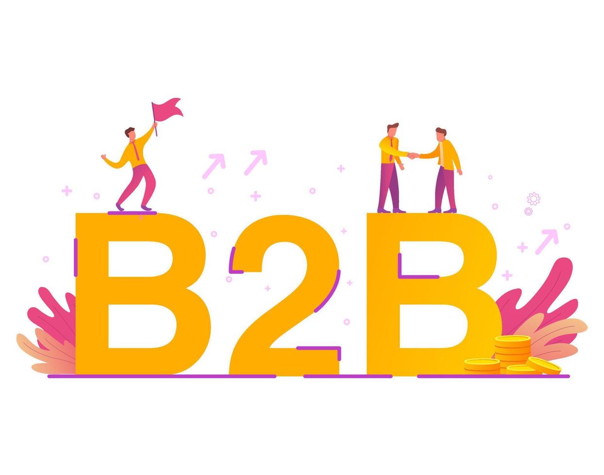 b2b.business-to-business. communicatie marketing. vector vlak illustratie.geld goud munten.twee zakenlieden zijn beven handen.de Mens met de vlag was succesvol.