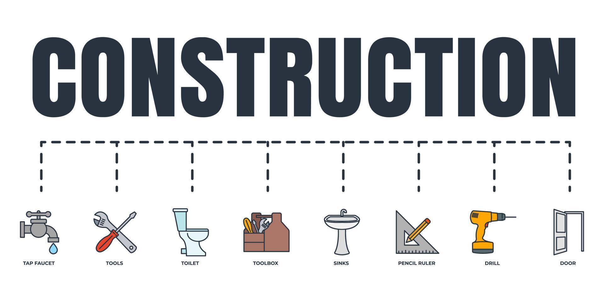 bouw banier web icoon set. toilet, kraan kraan, hulpmiddelen, gereedschapskist, oefening, deur, potlood en heerser, zinkt vector illustratie concept.