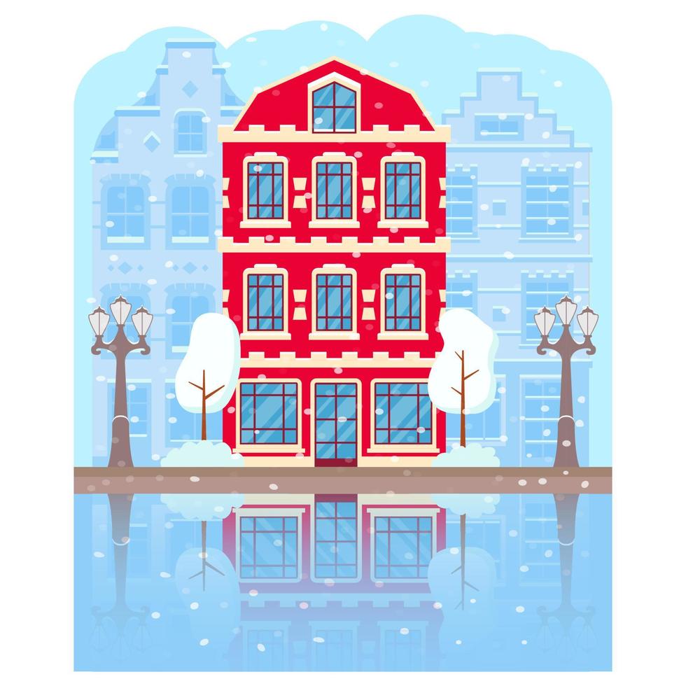 winter tijd amsterdam.gebouwen in de sneeuw nederland, europa.vector vlak illustratie. vector