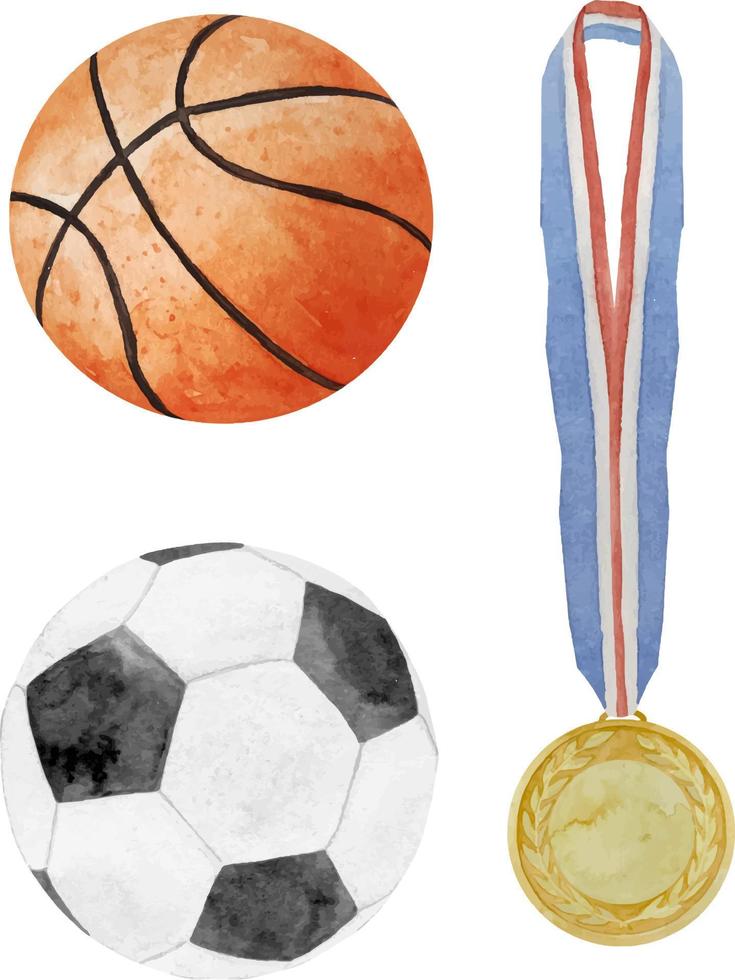 waterverf illustratie van sport ballen reeks Amerikaans voetbal, voetbal, basketbal en basketbal met goud winnaar medaille geïsoleerd Aan wit achtergrond vector