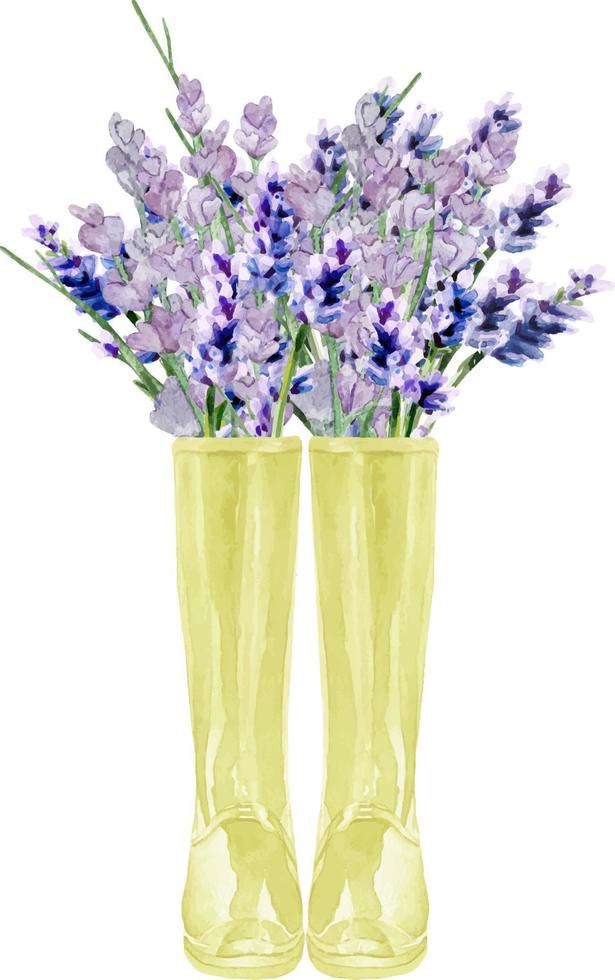 waterverf geel laarzen met lavendel. Hallo herfst groet kaart. bloemen tuin rubber laarzen met bloemen en bladeren illustratie. vector