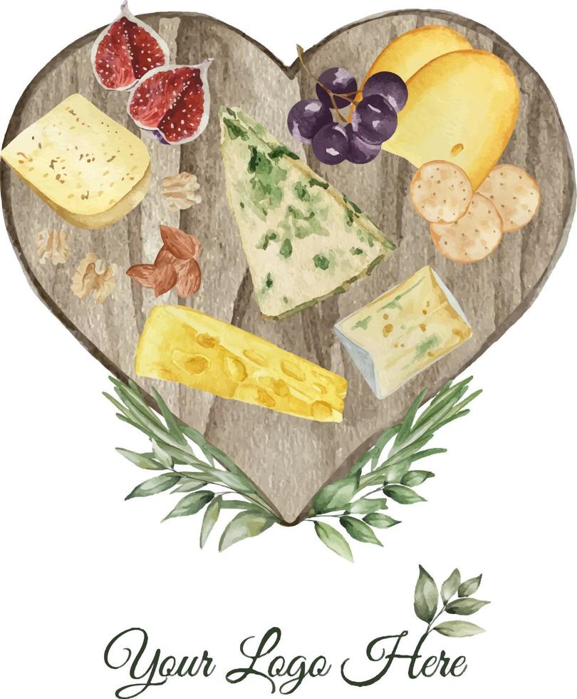 waterverf kaas bord voor logo. fijnproever samenstelling natuurlijk kaas. kaas assortiment met noten, wijn, honing. Italiaans, nederlands, Frans of Zwitsers keuken met kaas bord samenstelling. vector