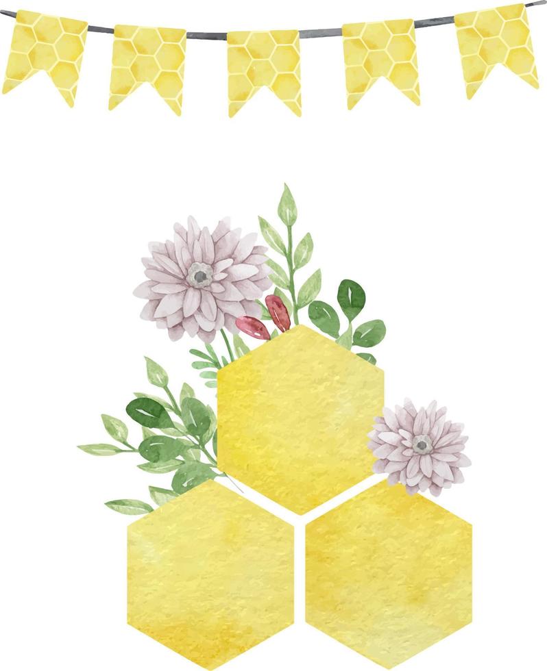 aquarel kleurrijke grote bijen kammen met bloemen en bladeren geïsoleerd op een witte achtergrond. vector