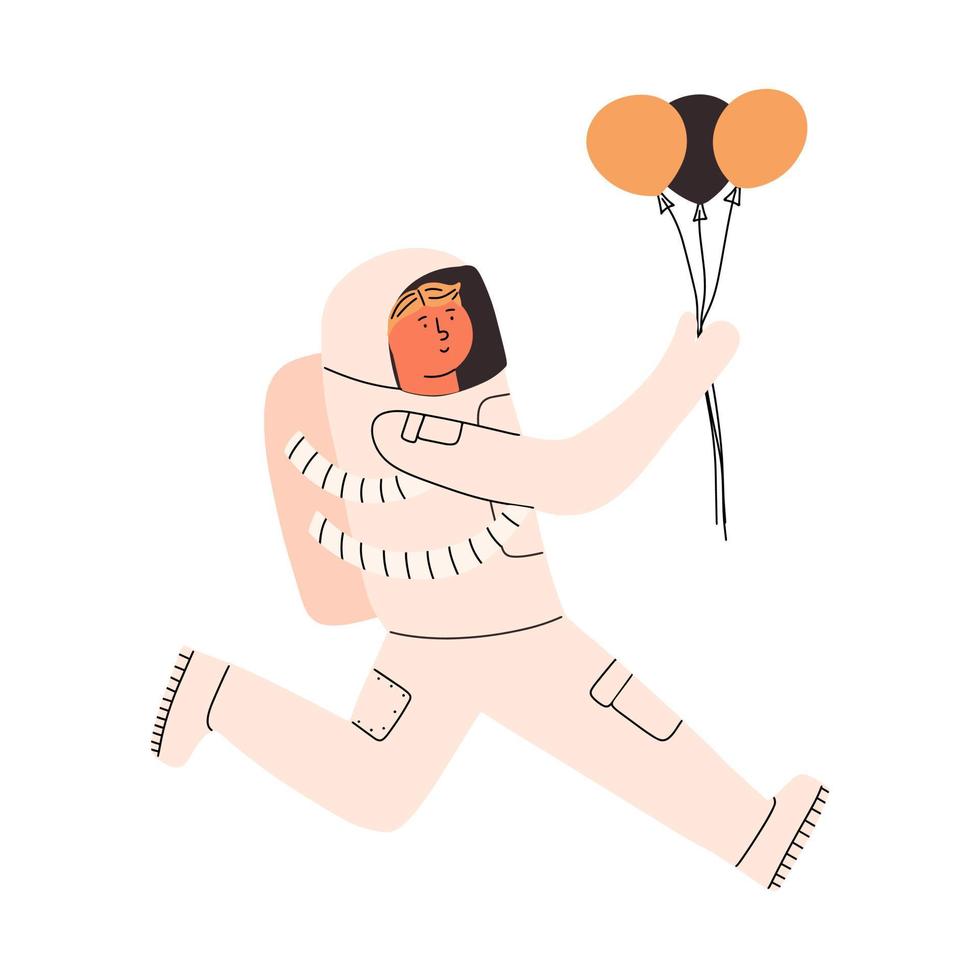 kind astronaut met ballonnen in zijn handen. vector illustratie in vlak stijl, ansichtkaart.