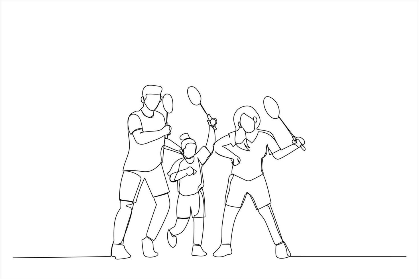 tekening van familie met badminton rackets en shuttle. single doorlopend lijn kunst vector