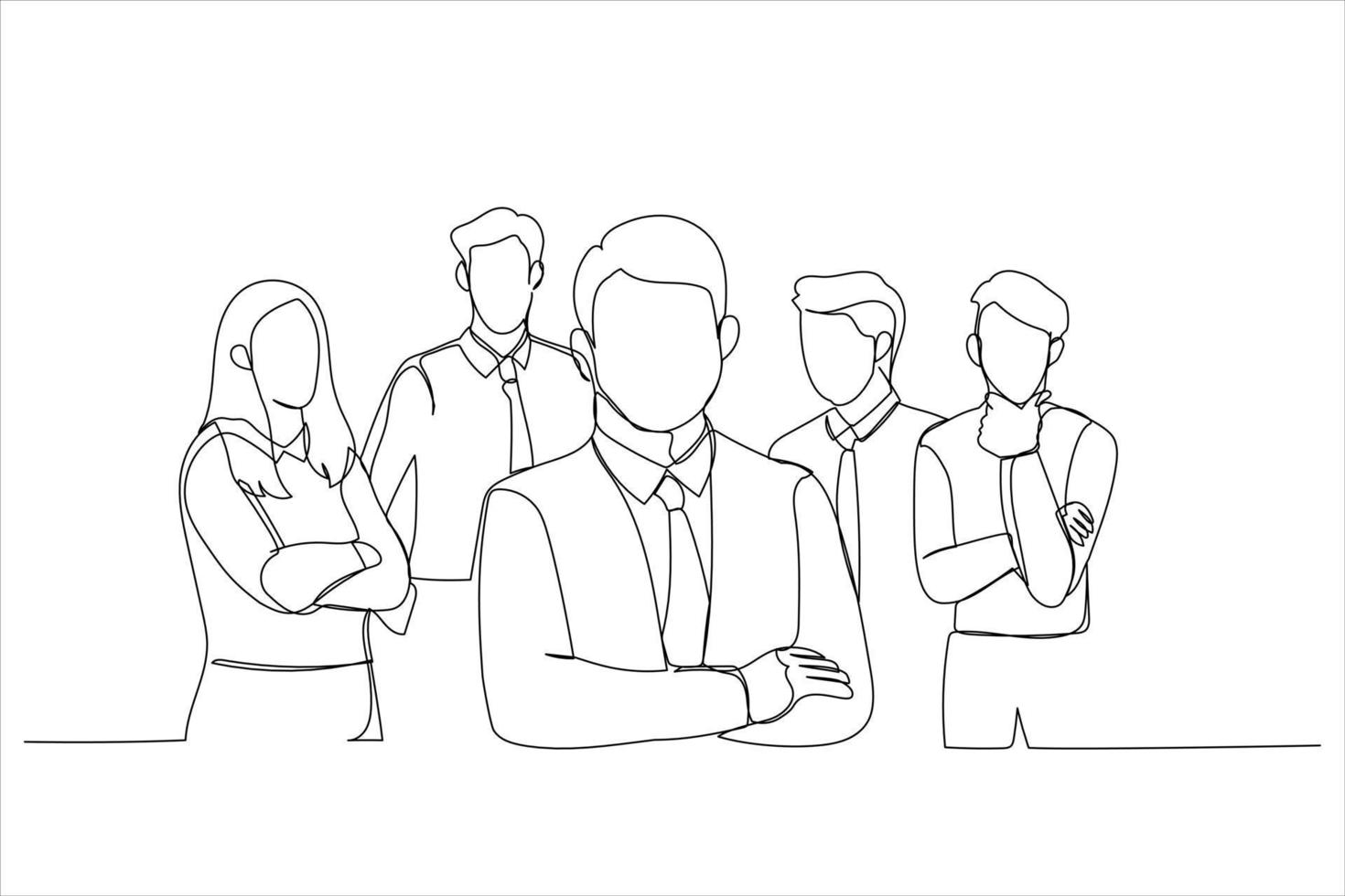 illustratie van groep van vriendelijk mensen uit het bedrijfsleven met mannetje leider in voorkant. een doorlopend lijn kunst stijl vector